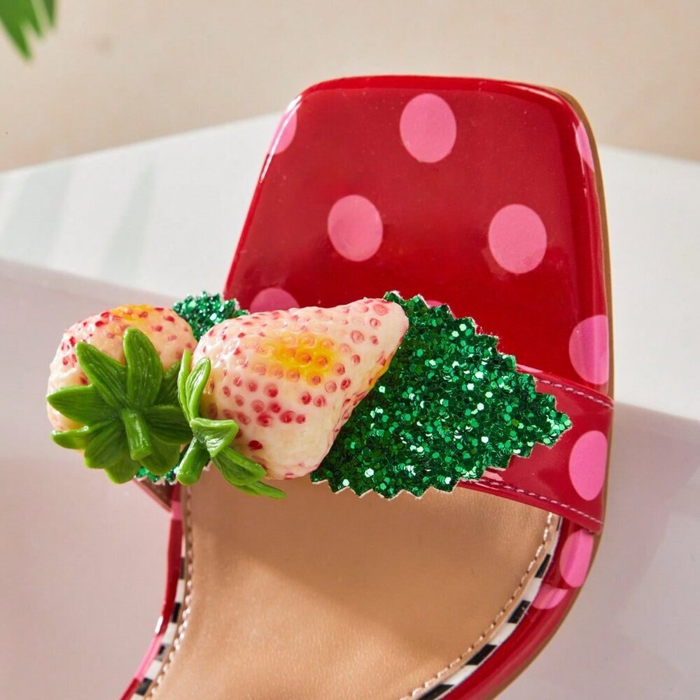 Multicolor Bohemian Women's Ankle Strap Stiletto Sandals with Strawberry Decor - Picture 7 of 9